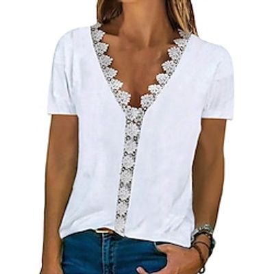 Women's T shirt Tee Grass Green Sky Blue Navy Blue Plants Print Short Sleeve Casual Basic V Neck Regular Floral S Lightinthebox