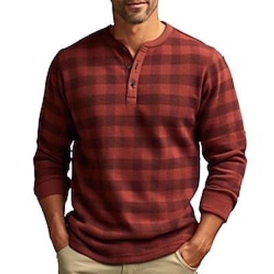Graphic Plaid Fashion Daily Casual Men's 3D Print Henley Shirt Casual Holiday Going out T shirt Blue Red  White Brown Long Sleeve Henley Shirt Spring   Fall Clothing Apparel S M L XL XXL 3XL 4XL Lightinthebox