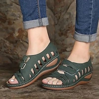 Women's Sandals Comfort Shoes Plus Size Daily Cut Out Peep Toe Elegant Casual Faux Leather Magic Tape White Dark Green Brown miniinthebox