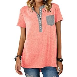 Women's Henley Shirt T shirt Tee Black White Pink Plain Button Pocket Short Sleeve Casual Basic Round Neck Regular S miniinthebox