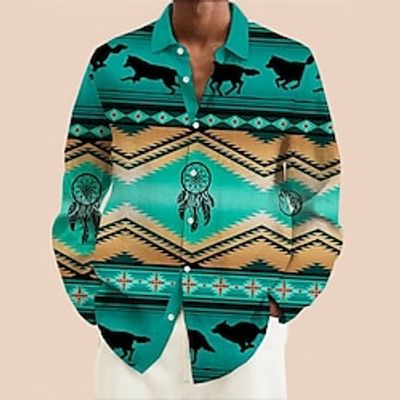 Tribal Bandana Print Vintage Tribal Men's Shirt Linen Shirt Daily Wear Going out Weekend Fall  Winter Turndown Long Sleeve Green, Khaki S, M, L Slub Fabric Shirt Lightinthebox