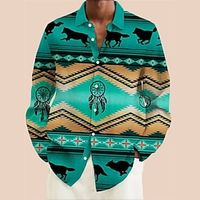 Tribal Bandana Print Vintage Tribal Men's Shirt Linen Shirt Daily Wear Going out Weekend Fall  Winter Turndown Long Sleeve Green, Khaki S, M, L Slub Fabric Shirt Lightinthebox - thumbnail
