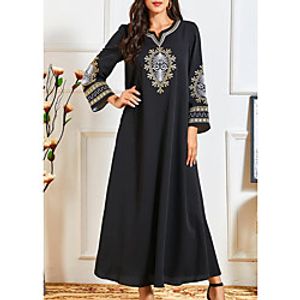 Women's Kaftan Dress Maxi long Dress Black Long Sleeve Print Embroidered Print Summer Round Neck Casual 2021 M L XL XXL 3XL 4XL / Plus Size miniinthebox