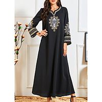 Women's Kaftan Dress Maxi long Dress Black Long Sleeve Print Embroidered Print Summer Round Neck Casual 2021 M L XL XXL 3XL 4XL / Plus Size miniinthebox - thumbnail