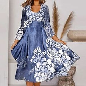 Women's A Line Dress Midi Dress Royal Blue 3/4 Length Sleeve Floral Print Fall Spring U Neck Elegant 2022 S M L XL XXL 3XL miniinthebox