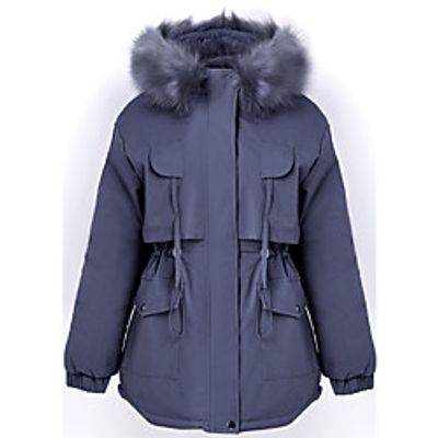 Women's Parka Regular Coat Loose Jacket Solid Colored Blue Beige miniinthebox