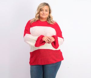 Womens Plus Size Textured Longsleeve Sweater  Red/Pink/Ivory