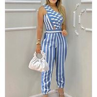 Women's Jumpsuit High Waist Patchwork Striped One Shoulder Ordinary Street Work Regular Fit Sleeveless Blue S M L Spring Lightinthebox - thumbnail