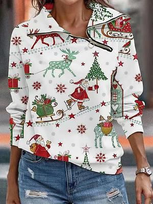 Women's Christmas Printed Irregular Zipper Lapel Casual Sweatshirt