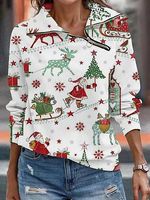 Women's Christmas Printed Irregular Zipper Lapel Casual Sweatshirt - thumbnail