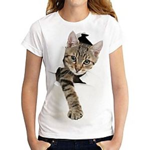 Women's 3D Cat Painting T shirt Cat 3D Print Round Neck Basic Tops White Black miniinthebox