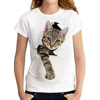 Women's 3D Cat Painting T shirt Cat 3D Print Round Neck Basic Tops White Black miniinthebox - thumbnail