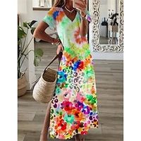 Women's Long Dress Maxi Dress Casual Dress Print Dress Floral Tie Dye Fashion Streetwear Outdoor Daily Going out Split Print Short Sleeve V Neck Dress Regular Fit Green Summer Spring S M L XL XXL Lightinthebox - thumbnail