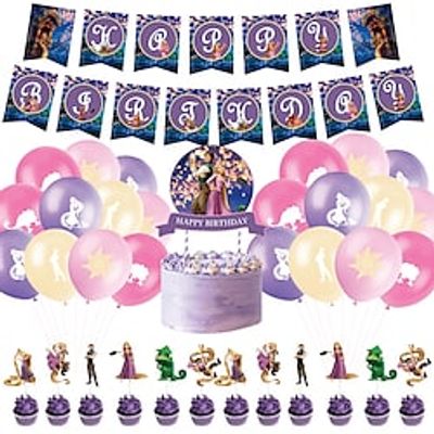 36Pcs Rapunzel Themed Children Girls Birthday Party Decoration Set Pull Flag Cake Flag Balloons Lightinthebox