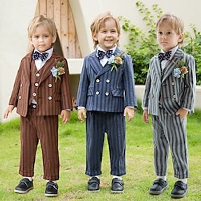 6 Pieces Kids Boys Suit  Blazer Outfit Stripe Long Sleeve Button Set Formal Cool Fall Winter 7-13 Years Gray striped 6-piece set (shirt  jacket  vest  trousers  Brown striped 6-piece set (shirt Lightinthebox