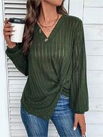 Women's V-neck Twisted Irregular Hem Pitted Long-sleeved Sweater Top