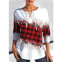 Women's T shirt Tee Christmas Shirt Red Plaid Snowflake Print Long Sleeve Christmas Weekend Festival  Holiday V Neck Regular Fit Painting Spring   Fall Lightinthebox