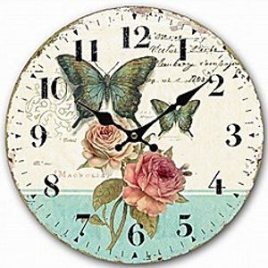 wooden wall clock green butterfly rose flower clock retro vintage large clock home decorative country non -ticking silent quiet 14 inch gift 35cm35cm miniinthebox