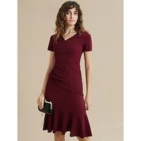 Women's Party Dress Cocktail Dress Wedding Guest Dress Midi Dress Wine Short Sleeve Plain Ruched Summer Spring Fall V Neck Elegant Wedding Guest Birthday Vacation S M L XL XXL 3XL Lightinthebox - thumbnail