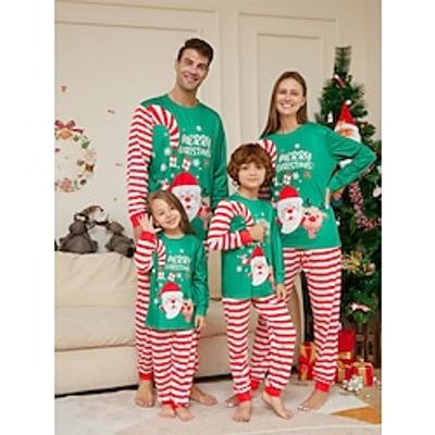 Matching Family Christmas Pajamas Sets Letter Santa Claus Basic Casual Comfort Home Christmas Cotton Breathable Gift Crew Neck Long Sleeve T shirt Tee Pant Fall Winter Green Lightinthebox