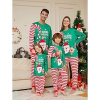 Matching Family Christmas Pajamas Sets Letter Santa Claus Basic Casual Comfort Home Christmas Cotton Breathable Gift Crew Neck Long Sleeve T shirt Tee Pant Fall Winter Green Lightinthebox - thumbnail