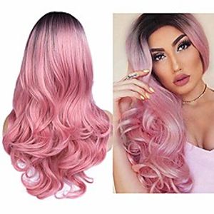 ombre pink wigs none lace long natural wavy dark roots pink wig for women 2 tone black to pink wavy wigs for women synthetic heat resistant party wigs natural looking cosplay wig miniinthebox