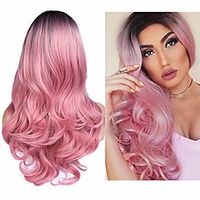 ombre pink wigs none lace long natural wavy dark roots pink wig for women 2 tone black to pink wavy wigs for women synthetic heat resistant party wigs natural looking cosplay wig miniinthebox - thumbnail