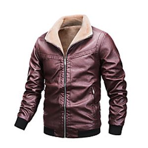 Men's Jacket Going out Fall  Winter Regular Coat Stand Collar Regular Fit Streetwear Jacket Long Sleeve Solid Colored Fur Trim Wine Black / Work / Plus Size miniinthebox