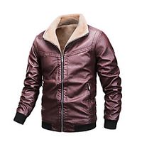 Men's Jacket Going out Fall  Winter Regular Coat Stand Collar Regular Fit Streetwear Jacket Long Sleeve Solid Colored Fur Trim Wine Black / Work / Plus Size miniinthebox - thumbnail