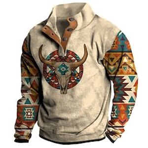 Graphic Prints Cowboy Fashion Casual Vintage Retro Men's 3D Print Sweatshirt Pullover Holiday Going out Streetwear Sweatshirts Blue Brown Green Stand Collar Button Fleece Print Spring   Fall Designer Lightinthebox