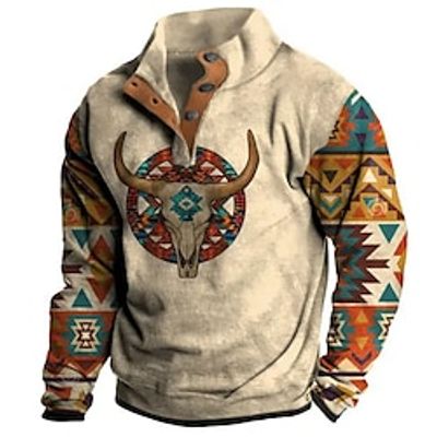 Graphic Prints Cowboy Fashion Casual Vintage Retro Men's 3D Print Sweatshirt Pullover Holiday Going out Streetwear Sweatshirts Blue Brown Green Stand Collar Button Fleece Print Spring   Fall Designer Lightinthebox
