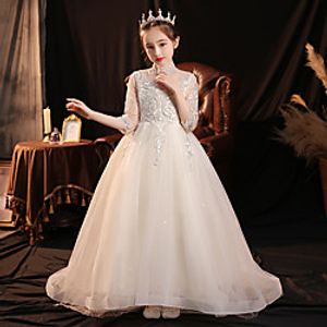 Princess Sweep / Brush Train Flower Girl Dresses Party Lace 3/4 Length Sleeve High Neck with Paillette miniinthebox