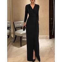 Sheath Black Dress Evening Gown Vintage Dress Formal Floor Length Long Sleeve V Neck Stretch Fabric with Ruched 2023 Lightinthebox - thumbnail