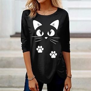 Women's T shirt Tee Cat Casual Black Blue Brown Print Button Long Sleeve Fashion Funny Round Neck Regular Fit Spring   Fall Lightinthebox