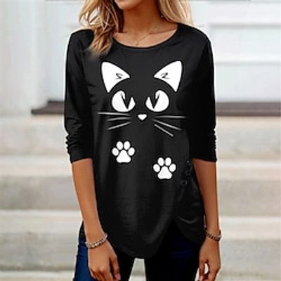 Women's T shirt Tee Cat Casual Black Blue Brown Print Button Long Sleeve Fashion Funny Round Neck Regular Fit Spring   Fall Lightinthebox
