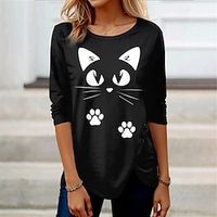 Women's T shirt Tee Cat Casual Black Blue Brown Print Button Long Sleeve Fashion Funny Round Neck Regular Fit Spring   Fall Lightinthebox - thumbnail