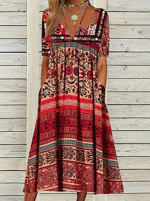 Round Neck Casual Loose Floral Print Short Sleeve Midi Dress