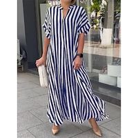 Women's Casual Dress Summer Dress Stripe Button Print Shirt Collar Long Dress Maxi Dress Streetwear Maxi Street Holiday Short Sleeve Loose Fit Black Red Blue Summer S M L XL 2XL Lightinthebox