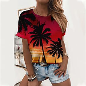 Women's Floral Theme 3D Printed Painting T shirt Plants Scenery 3D Print Round Neck Basic Tops Purple Red miniinthebox