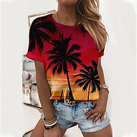 Women's Floral Theme 3D Printed Painting T shirt Plants Scenery 3D Print Round Neck Basic Tops Purple Red miniinthebox - thumbnail