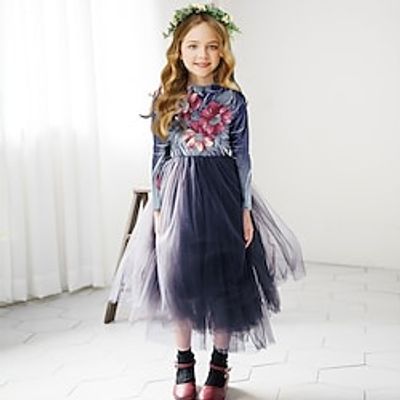 Kids Girls' Dress Floral A Line Dress Midi Dress School Crew Neck Long Sleeve Daily Dress 4-12 Years Summer Purple Green Lightinthebox