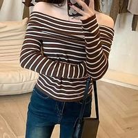 Women's Sweater Off Shoulder Fuzzy Knit Acrylic Cold Shoulder Spring Fall Winter Regular Home Daily Weekend Casual Long Sleeve Striped Black Coffee One-Size Lightinthebox - thumbnail