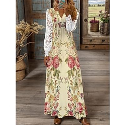 Women's Casual Dress Winter Dress Lace Dress Floral Lace Patchwork V Neck Lace Sleeve Long Dress Maxi Dress Fashion Streetwear Outdoor Daily Long Sleeve Regular Fit Yellow Fall Winter S M L XL XXL Lightinthebox