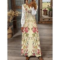 Women's Casual Dress Winter Dress Lace Dress Floral Lace Patchwork V Neck Lace Sleeve Long Dress Maxi Dress Fashion Streetwear Outdoor Daily Long Sleeve Regular Fit Yellow Fall Winter S M L XL XXL Lightinthebox - thumbnail