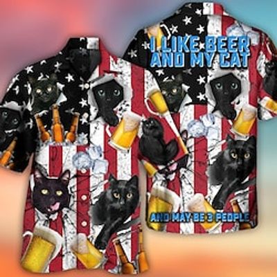 Men's Shirt Summer Hawaiian Shirt Cat Graphic Prints Beer American Flag Turndown Red Casual Holiday Short Sleeve Button-Down Print Clothing Apparel Tropical Fashion Hawaiian Soft miniinthebox