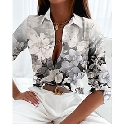 Women's Shirt Blouse Gray Floral Button Print Long Sleeve Casual Holiday Basic Shirt Collar Regular Floral S Lightinthebox