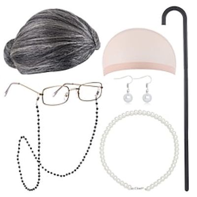 Old Lady Cosplay Set Granny Wig Wig Cap Walking Cane Glasses Chain Cords Faux Pearl Bead Necklace Masquerade Cosplay Costume Party Decoration for Kids miniinthebox