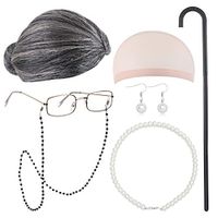 Old Lady Cosplay Set Granny Wig Wig Cap Walking Cane Glasses Chain Cords Faux Pearl Bead Necklace Masquerade Cosplay Costume Party Decoration for Kids miniinthebox - thumbnail