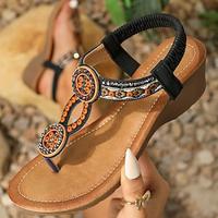 Women's Sandals Flip-Flops Boho Bohemia Beach Wedge Sandals Vacation Beach Travel Rhinestone Beading Embroidery Wedge Bohemia Vacation Microbial Leather Elastic Band Black White Lightinthebox