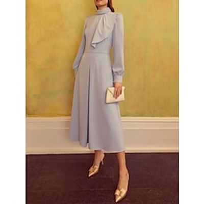 A-Line Mother of the Bride Dress Wedding Guest Elegant Petite High Neck Tea Length Satin Long Sleeve with Ruffles Ruching Solid Color 2023 Lightinthebox